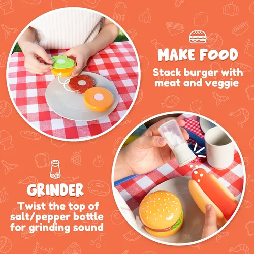Vista 5 de 27 piezas de juego de parrilla de barbacoa para niños, juguete de parrilla de barbacoa de patio trasero, juego de juguetes de parrilla para niños