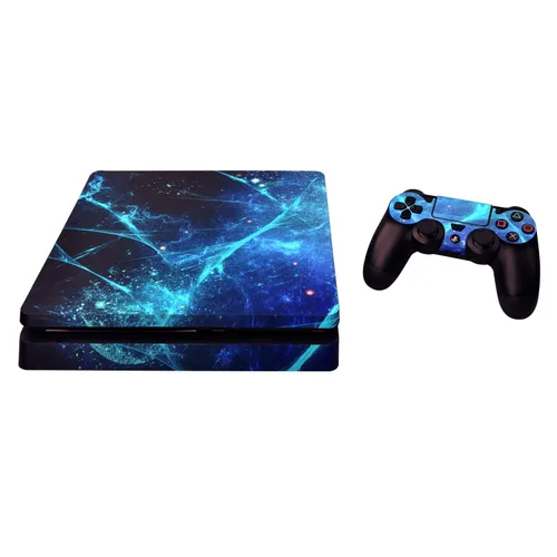 Vista 3 de eXtremeRate Full Set Faceplate Skin Decals Stickers and 2 Led Lightbar for ps4 Slimfor ps4 Slim Console & 2 Controller Decal Covers - Blue Galaxy