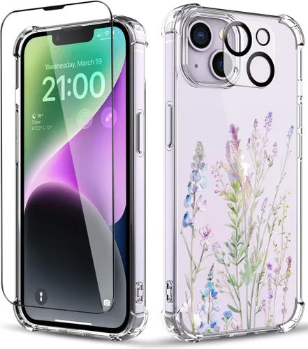 Vista 12 de Funda para iPhone 14, [3 en 1] con protector de pantalla y protector de lente de cámara, diseño de patrón de flores, transparente, suave, a prueba