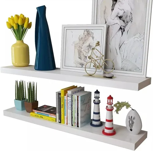 Vista 4 de 2 estantes flotantes de madera de fibropanel de densidad media blanca para almacenamiento de libros/DVD, estante flotante, estante de pared