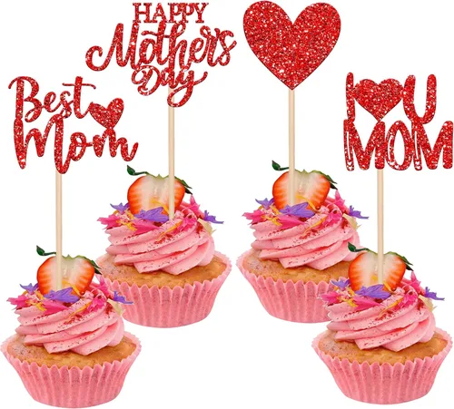 Vista 18 de Rsstarxi 1 paquete de decoración para pastel con flores de purpurina con doble corazón Love Mom Best Mom Best Mom Cake Pick Decoraciones para feliz