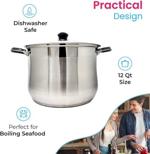 Vista 5 de Olla profesional de acero inoxidable para sopa, caldo y pasta con tapa de vidrio, base encapsulada, capacidad de inducción de gas, tamaño de 12