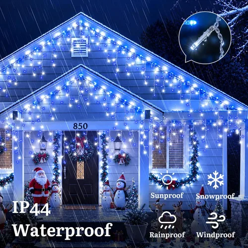 Vista 7 de Luces de carámbano azules y blancas para exteriores, tira de 400 luces LED de 33 pies para interiores, 8 modos conectables, luz de Navidad de Azul