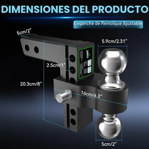 Vista 8 de Just-V Enganche de remolque ajustable para receptor de 2 pulgadas, 21500 libras GTW, enganche de remolque resistente con bolas dobles de 6 pulgadas