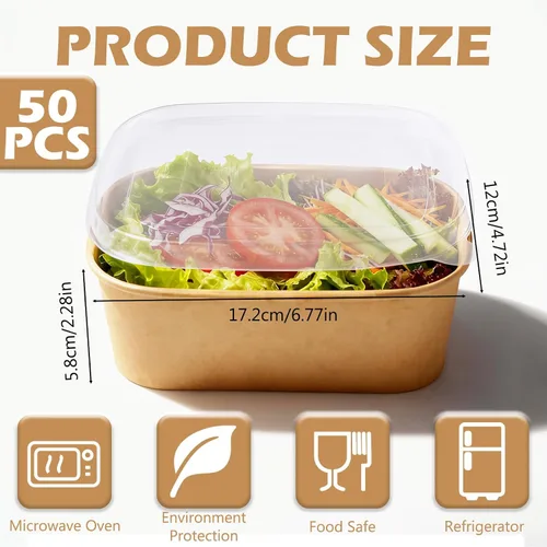 Vista 2 de Paquete de 50 cuencos de papel kraft desechables de 25 onzas con tapas, recipientes rectangulares de papel para alimentos, recipientes