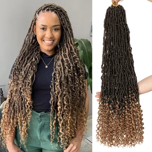 Vista 10 de Leeven 7 Paquetes Cabello Crochet Faux Locs con Puntas Rizadas 10 Pulgadas Pre-enrollado Goddess Locs Trenzas Crochet Cabello 84 Hebras Negro