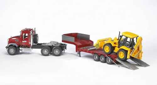 Vista 4 de Camión plataforma Mack Granite con JCB cargadora retroexcavadora de Bruder