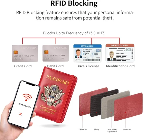 Vista 3 de Funda para pasaporte y ranura para tarjetero, con bloqueo RFID, cartera de piel para pasaporte de viaje para hombres y mujeres, protector de Rojo