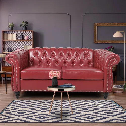 Vista 25 de Sofá moderno de 3 plazas, muebles de sofá grande, con brazo enrollable, sofá Chesterfield clásico copetudo de cuero con respaldo de asiento copetudo