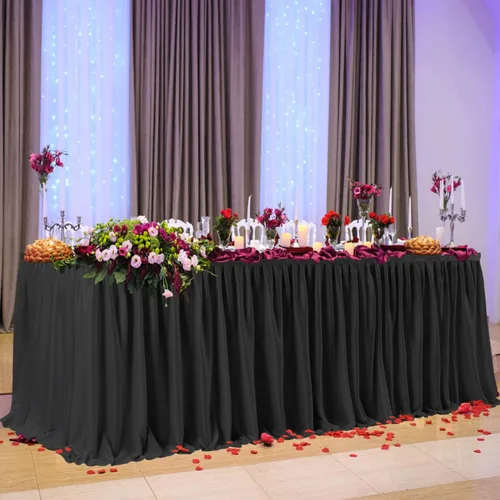 Vista 3 de PARTISKY Falda rectangular de poliéster negro, 6 x 72 pulgadas, resistente a las arrugas, con volantes plisados, perfecta para banquetes, bodas