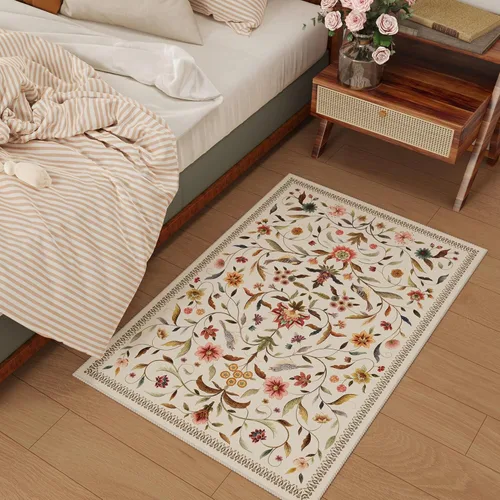 Vista 5 de Alfombra de entrada vintage con medallón floral de 2 x 3 pulgadas, lavable a máquina, alfombra de entrada de pelo bajo, suave, pequeña, alfombra