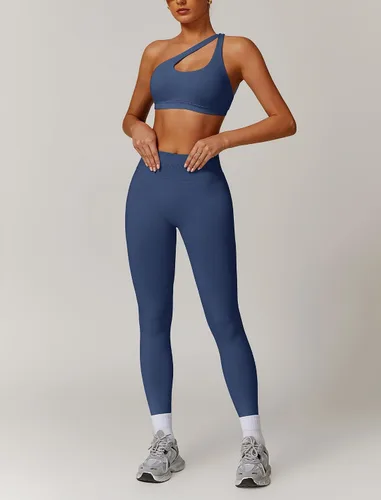 Vista 3 de ABOCIW Conjuntos de Entrenamiento para Mujer, Leggings de Levantamiento de Glúteos sin Costuras de Cintura Alta, Bra Deportivo de Un Hombro
