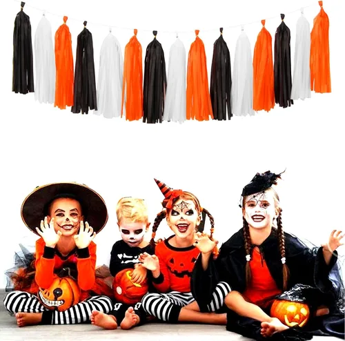 Vista 6 de Guirnalda de borlas para decoración de fiesta de Halloween en negro, blanco y naranja - 15 piezas Suministros de graduación 2025, borlas para Negro