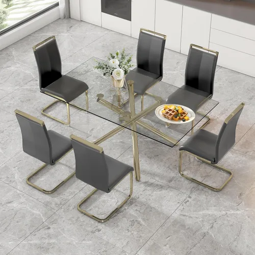 Vista 29 de Juego de 6 mesas de comedor de cristal, moderno juego de mesa de comedor de vidrio templado rectangular transparente de 71 pulgadas y 6 sillas