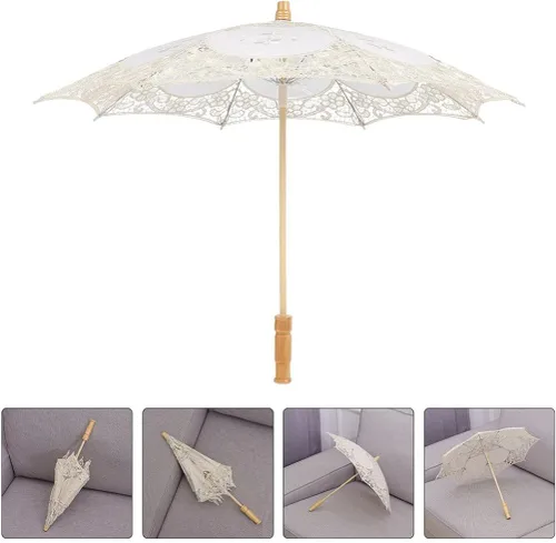 Vista 2 de Toddmomy Sombrilla de encaje, paraguas decorativo de boda, sombrilla de encaje para novia, adorno para decoración de fotos, disfraz de dama (blanco)