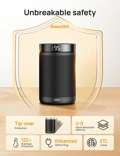 Vista 5 de Dreo - Calefactor eléctrico portátil de interior, con termostato, pantalla digital, temporizador 1-12 h, modo ecológico/ventilador, 1500 W PTC