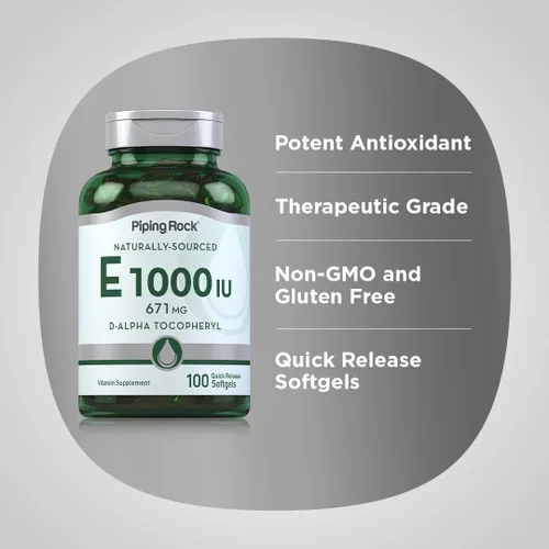 Vista 4 de Piping Rock Vitamina E 1000 UI Cápsulas Softgel 671mg 100 Pastillas Suplemento de tocoferilo D-Alpha Sin OMG, sin gluten