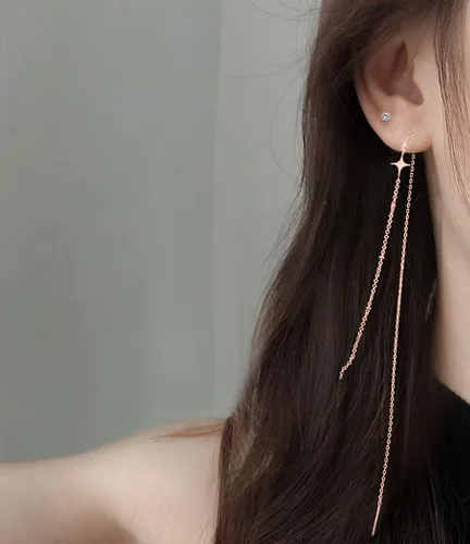 Vista 3 de SLUYNZ 925 Sterling Silver Star Long Dangle Earrings Chain for Women Teens Line Dangle Earrings Tassel Threader Chain