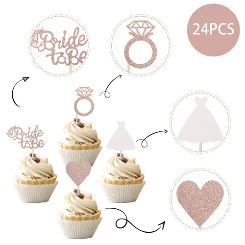 Vista 3 de 24 piezas de decoración para cupcakes con anillo de corazón, para despedida de soltera, bodas, compromisos, despedidas de soltera, suministros