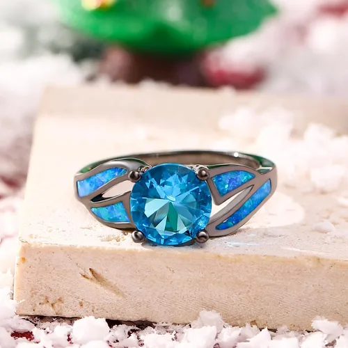 Vista 3 de UFOORO Anillo infinito de ópalo de fuego chapado en rodio negro, circonita cúbica, boda, compromiso, aniversario, anillos para mujer, Cristal