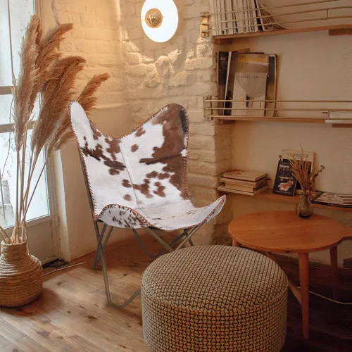 Vista 2 de cuero Silla de mariposa de cuero hecha a mano para sala de estar, silla de cuero cosido a mano mariposa (blanco bronceado)