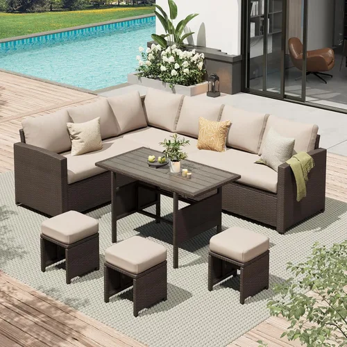 Vista 12 de AECOJOY Juego de muebles de patio al aire libre, 7 piezas de mesa de comedor y sillas seccionales de ratán, sofá de conversación de mimbre para todo