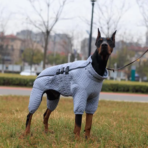 Vista 9 de Abrigo cálido para perros de doble capa, chaleco para perros, 4 patas cubiertas, resistente al viento, impermeable, reflectante, gris XS - L