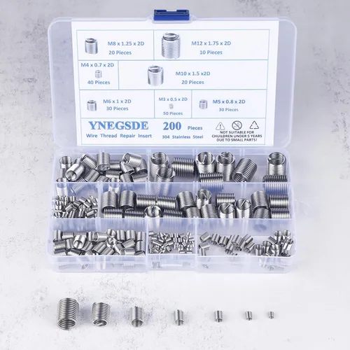 Vista 6 de Kit de reparación de rosca métrica helicoidal de acero inoxidable 304 – Kit surtido de 200 piezas – Insertos de manguito de tornillo de alambre M3