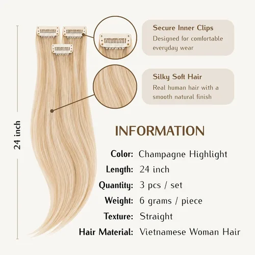 Vista 3 de WIGI 3 clips de cabello humano con reflejos, champán de 24 pulgadas #18A/60 Champaign Highlight