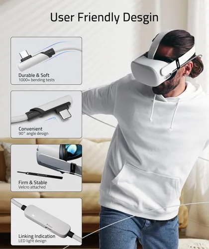 Vista 5 de Syntech Cable de enlace de 16 pies compatible con OculusMeta Quest 2 accesorios VR, puerto de carga USB C separado para suficiente energía, cable