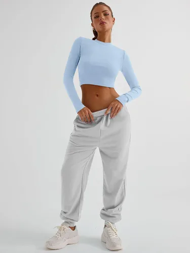 Vista 2 de Trendy Queen Camisetas cortas de manga larga para mujer, básicas, acanaladas, ajustadas, informales, de otoño, a la moda, Y2K, ropa