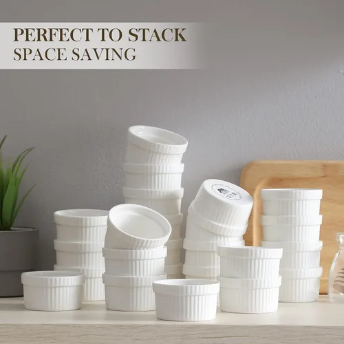 Vista 9 de MALACASA RAMEKIN.DISH - Juego de 24 mini ramekins de 2 onzas, Ramiken, moldes de cerámica para crema brulee, tazas de natillas blancas, cuencos