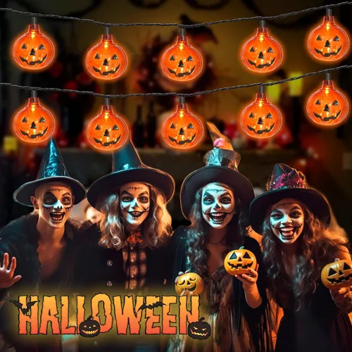 Vista 5 de Couah Guirnalda de luces LED de calabaza de Halloween, luces de linterna Jack O de 8.5 pies con 10 calabazas enchufables, impermeables