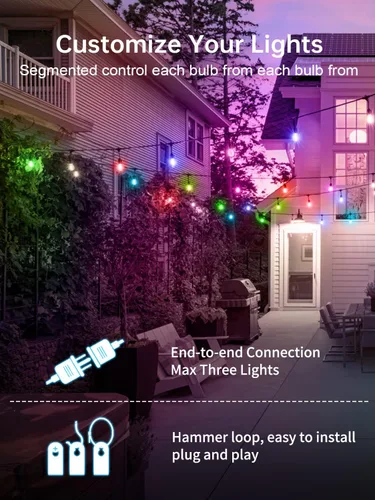 Vista 2 de Cadena de luces LED de grado comercial de 48 pies para exteriores con control remoto, inastillables, impermeables, cambiantes de color, luces