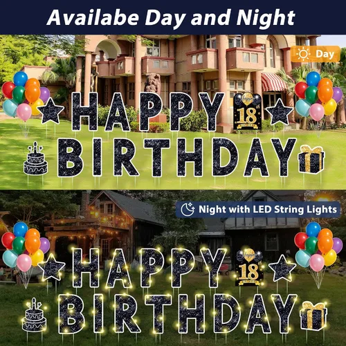 Vista 5 de Letrero de feliz cumpleaños con estacas, 18 piezas de letrero negro de feliz cumpleaños con luz LED de 49.2 pies, letrero grande personalizado