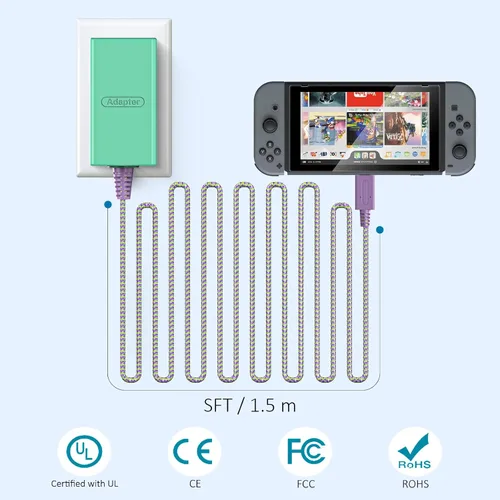 Vista 2 de TPC Cargador de 39 W para Nintendo Switch, adaptador de CA de 15 V 2.6 A de carga rápida con cable USB-C de 5 pies, compatible con Switch Lite