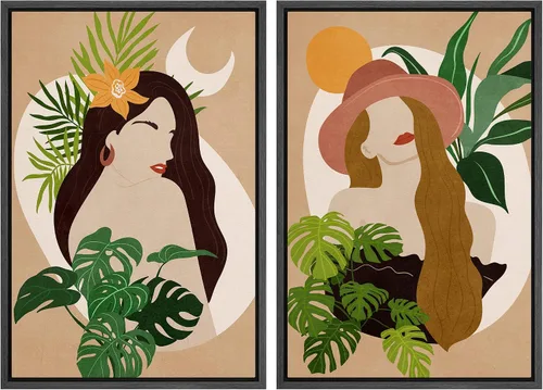 Vista 76 de SIGNFORD Lienzo enmarcado para pared, juego de arte geométrico retro de mediados de siglo, plantas forestales, ilustraciones con formas abstractas