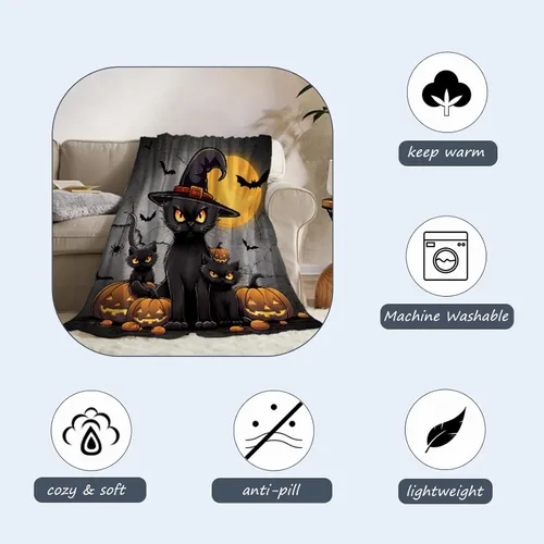 Vista 5 de Manta de Halloween para bebé, mascota pequeña, manta espeluznante de calabazas negras para gatos, manta para cuna, cochecito, decorativa, ligera