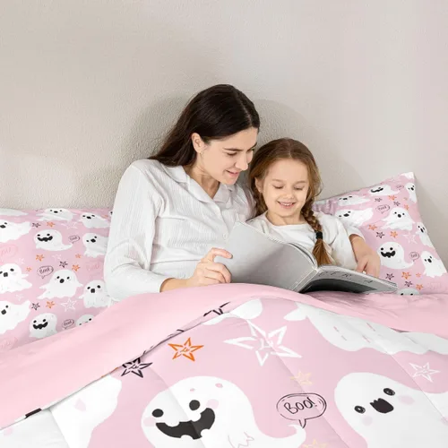 Vista 6 de Feelyou Juego de edredón de Halloween, color rosa fantasma, juego de ropa de cama tamaño individual, decoración para niños y niñas, lindo juego