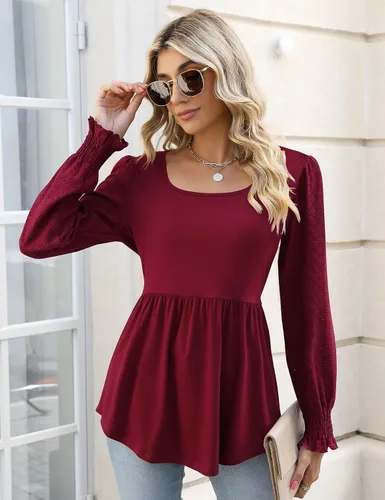 Vista 4 de Widmile Blusa de manga abombada para mujer, estilo casual, cuello cuadrado, con estampado floral, con encaje