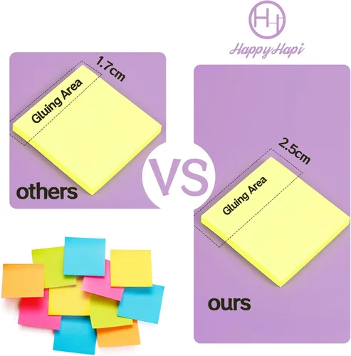 Vista 3 de HappyHapi 36 blocs de notas adhesivas de 3 x 3 pulgadas, 80 hojas/bloc, 8 blocs de notas autoadhesivas de colores brillantes, notas adhesivas