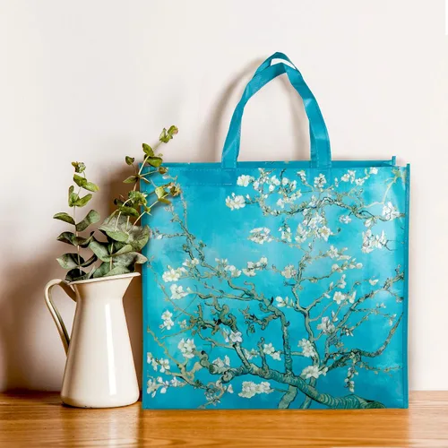 Vista 3 de NymphFable Paquete de 6 bolsas de comestibles reutilizables con flores de almendra, bolsas de compras, impermeables, bolsas de regalo, 50 libras