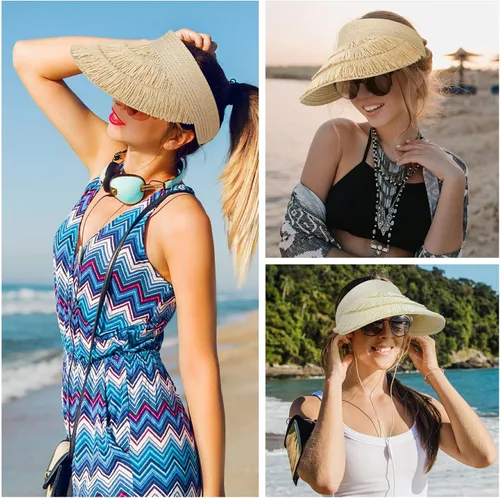 Vista 3 de Sombrero de paja con protección UV, visera de playa, sombrero de ala ancha, estampado de leopardo, enrollable, plegable para mujer