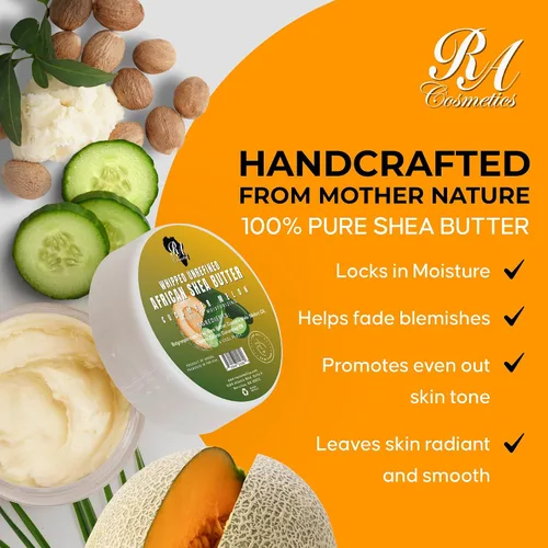 Vista 3 de RA COSMETICS Manteca de karité batida, pepino-melón, 6 onzas, manteca de karité africana 100% pura y natural para hombres y mujeres, hidratante