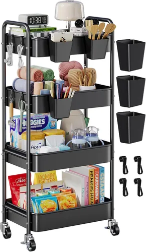 Vista 11 de Carrito pequeño de 2 niveles beige con ruedas, carrito de pañales para artículos esenciales para el cuarto de bebé, carrito de metal para debajo