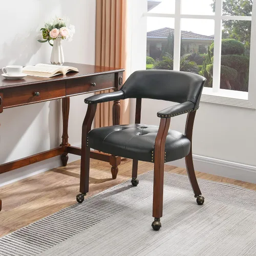 Vista 23 de Sillas de comedor con ruedas y brazo, sillas de capitán Caster Boss con patas de madera maciza, sillas de escritorio de oficina con botón tapizado