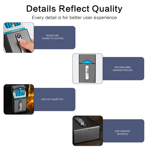 Vista 2 de Caja de cigarrillos de aluminio con encendedor eléctrico, encendedor USB recargable, regalo para mujeres, hombres, padre, madre (negro)