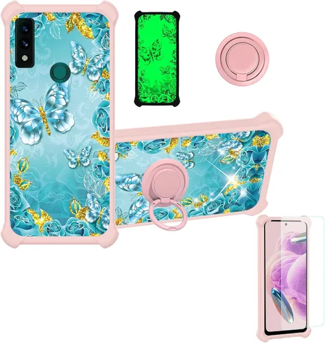 Vista 74 de jioeuinly Funda compatible con Oukitel P1 Pro con protector de pantalla de vidrio templado, policarbonato duro + silicona suave, soporte de anillo
