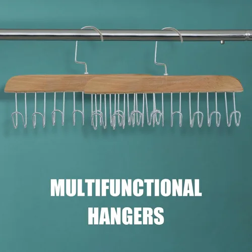 Vista 5 de 4 soportes de madera para cinturones, colgador multifuncional para cinturón de madera con 8 ganchos de metal, organizador de perchas de madera