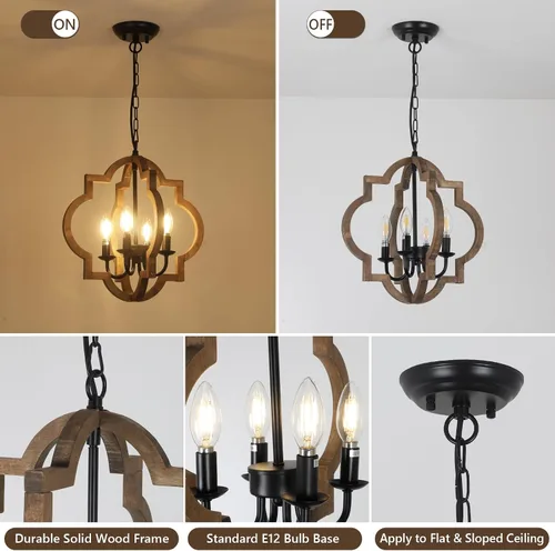 Vista 5 de Lámparas de araña de granja, lámparas de 4 luces para comedor sobre la mesa, lámparas de araña de madera maciza para comedor, lámparas rústicas